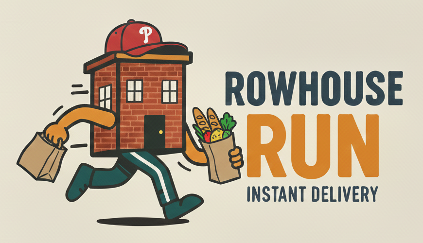 Rowhouse Run: a running brick rowhouse carrying grocery bags